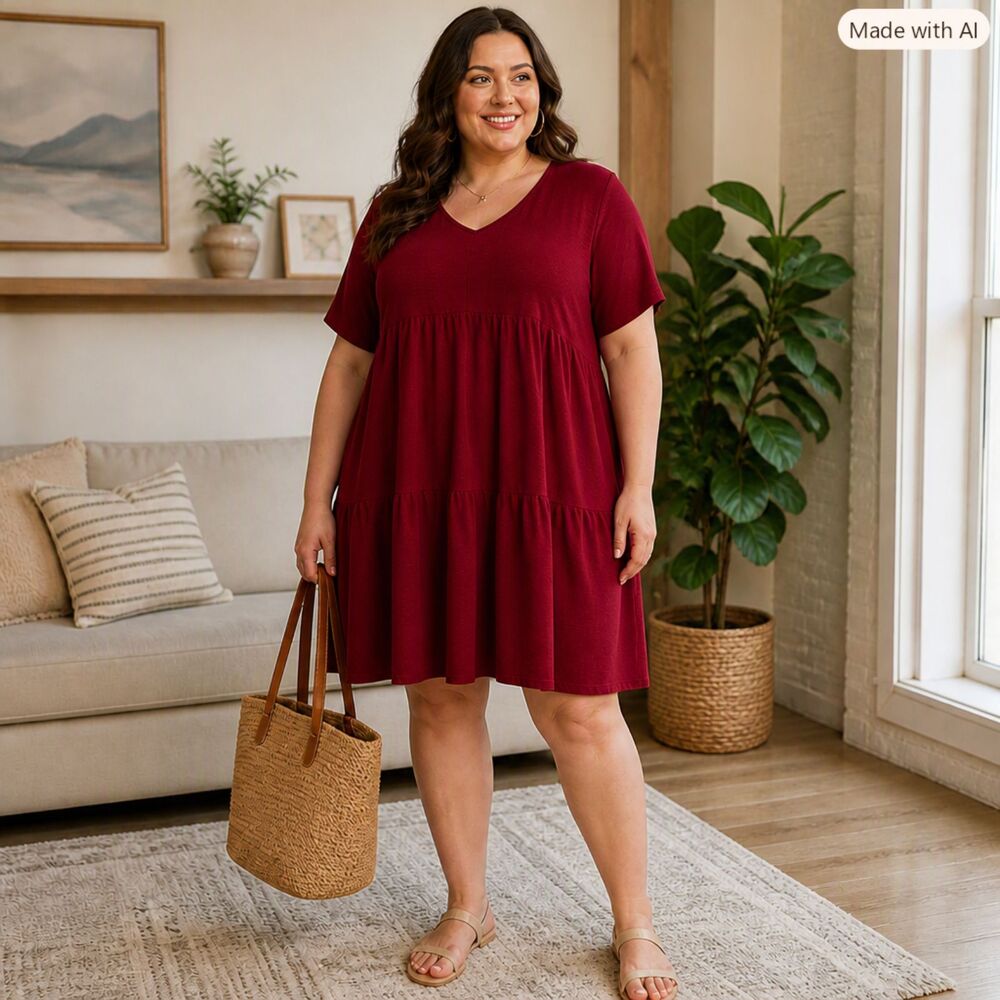 Plus Size 5X Burgundy V-Neck Tiered Babydoll Swing Dress Short Sleeve